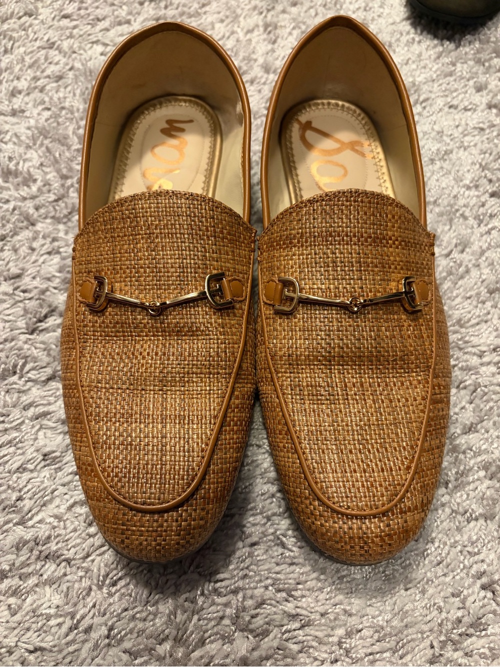 Sam Edelman Lorraine Loafers — Tan Woven Women’s Loafers with Horsebit Accent